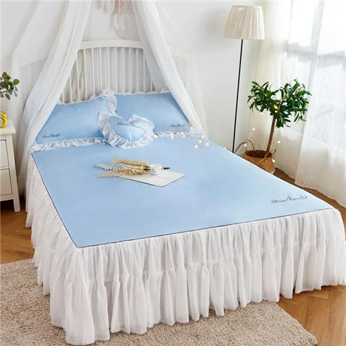 sky blue Летние постельный комплект с юбкой 3 шт./компл. кристаллические волокна ткани для простыни на кровать, наволочками, Комплект постельного белья для очень больших и крутые покрывало кружево домашняя кровать принцессы пыли оборками домашний текстиль - Цвет: sky blue