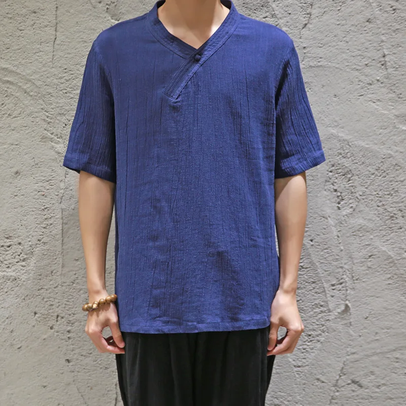 

Summer New Style Refreshing V-neck Chinese-style Men'S Wear Casual Loose And Plus-sized Cotton Linen Flax Short Sleeve Solid Col