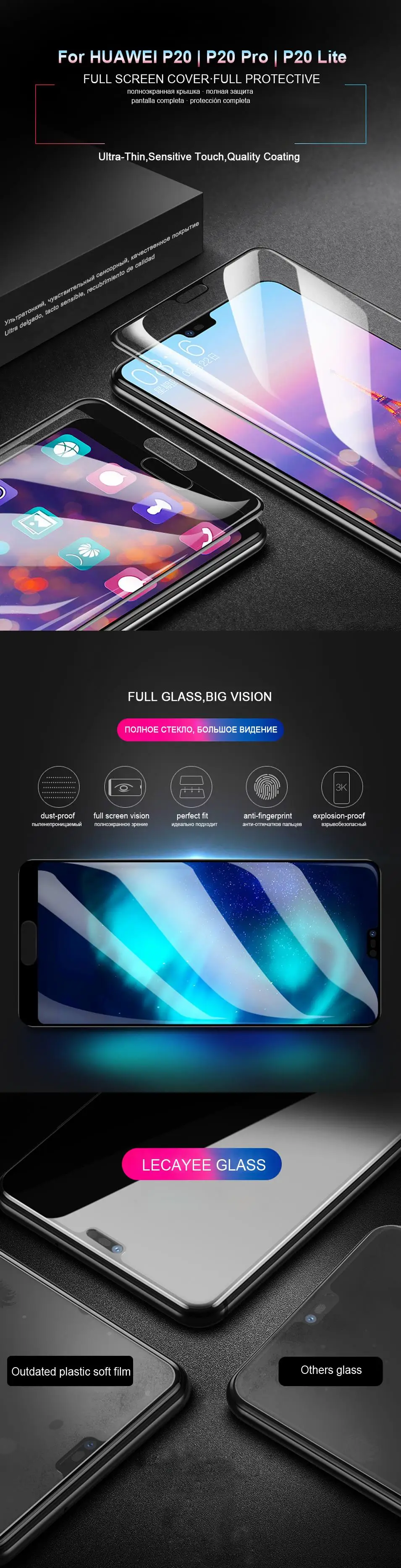 LECAYEE Screen Protector For Huawei P20 lite Full Coverage Tempered Glass For HUAWEI P20 Pro Honor 10 Play Protective Glass HD (7)