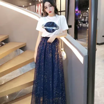 

Summer High Quality Women 2 Piece Suit New Fashion Sequins Star Short Sleeve T-Shirt+High Waist Mesh Starry Sky Half Body Skirt