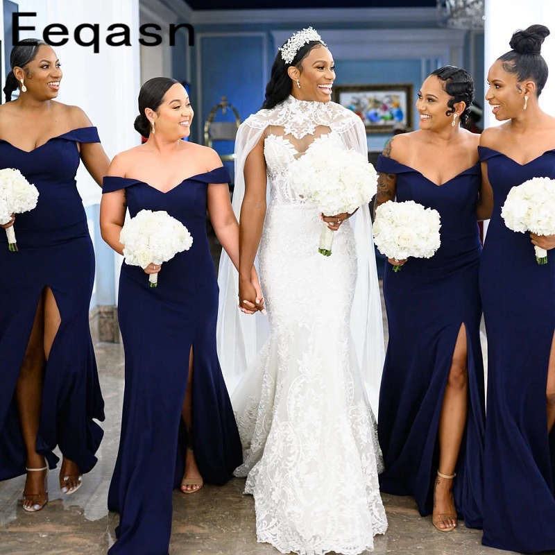Африканские темно-синие платья подружек невесты с открытыми плечами Свадебные вечерние платья для гостей платье для подружки невесты большого размера дешево
