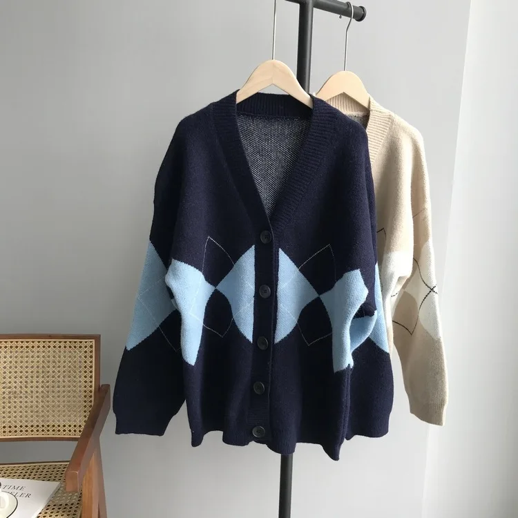 HXJJP осень и зима Повседневный свитер геометрический v-образный Вырез Свободный вязаный женский кардиган