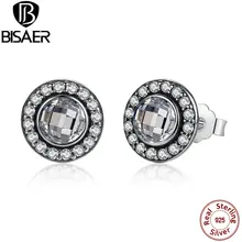 BISAER подлинные 925 пробы серебряные блестящие серьги-гвоздики с прозрачным CZ для женщин юбилейные ювелирные изделия HJS422