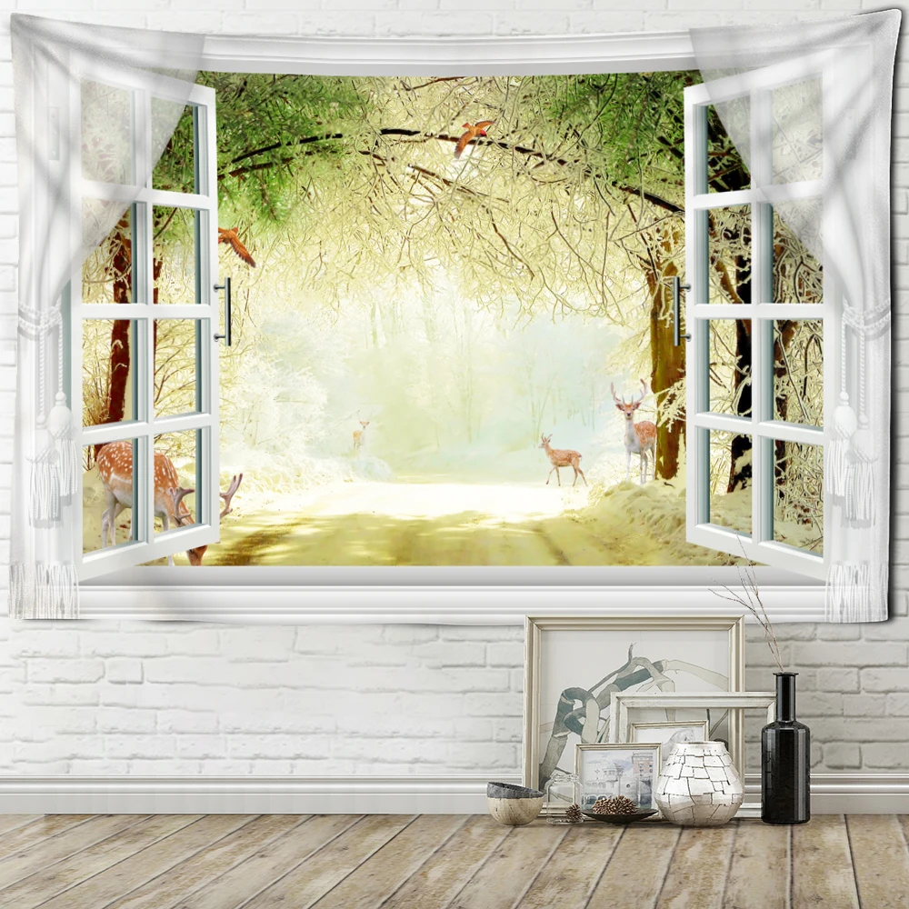 Outer Window Scenery Print Tapestry New Room Wall Hanging Psychedlic tapestries 