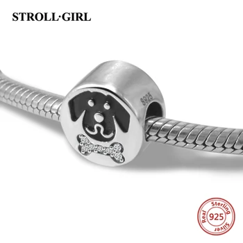 

100% 925 Sterling Silver Animal Dog Beads bone Round charms With CZ Fit European Bracelet for Women Fashion Jewelry gift