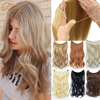 

TALANG 24" Women Invisible Wire No Clips in Fish Line Hair Extensions Straight Wavy Long Heat Resistant Synthetic Hairpiece
