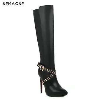 

NEMAONE sexy Women Knee High Boots super High Heels shoes woman poined Toe Women party wedding Boots large Size 34-43