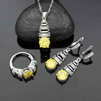

925 Sterling Silver Bridal Jewelry Sets for Women Wedding Yellow Cubic Zirconia Earrings Necklace Pendant Ring Set