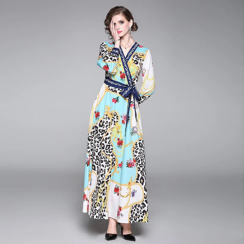 

Photo Shoot Europe And America Versitile Fashion Waist Hugging Slimming Positioning Printed V-neck Dress