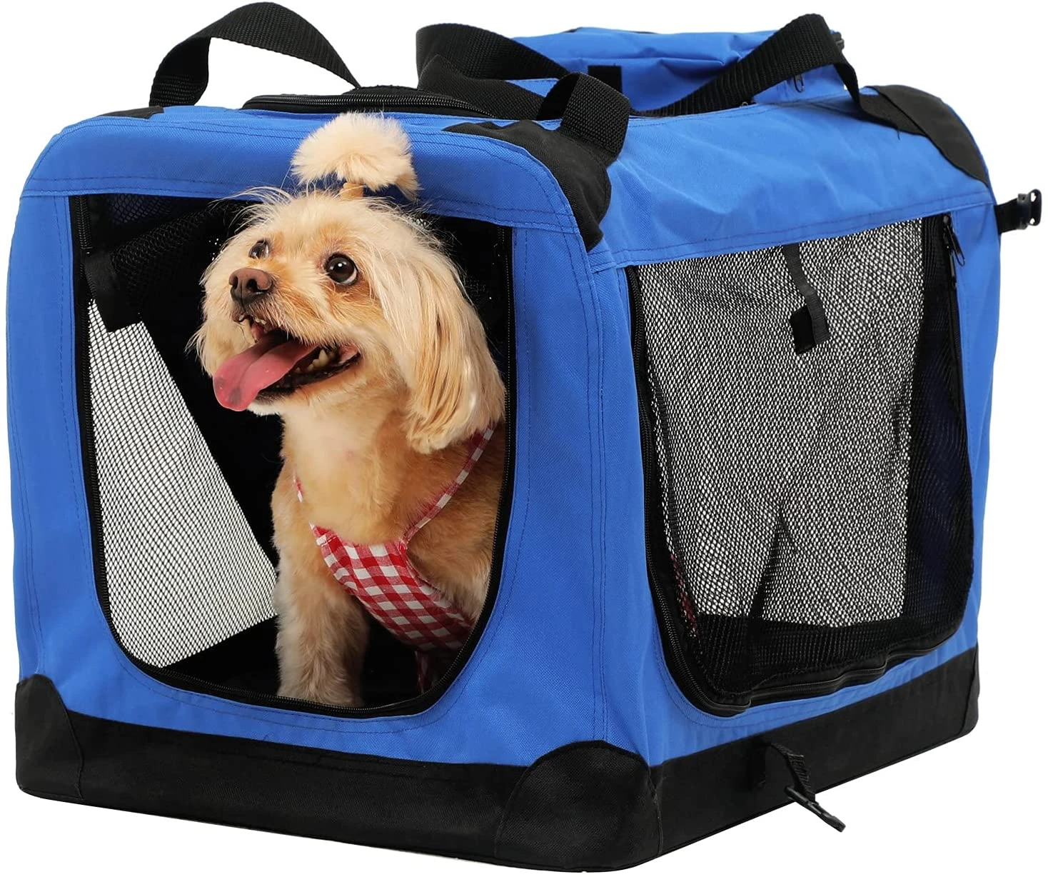 Jaula para perros portátil y suave de 3 puertas para viajes, Transportín plegable para mascotas con alfombrilla de malla para gatos, 2 tamaños perros, uso en interiores y exteriores|Casas, jaulas y