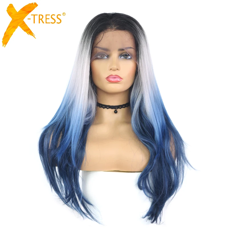 Ombre Blue Synthetic Lace Front Wigs For Women Long Straight 13X4 Lace