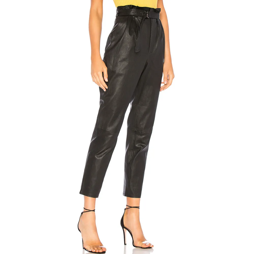 Модные брюки-карандаш с высокой талией, женские повседневные Элегантные брюки с карманами, женские черные кожаные брюки, женские брюки OL#5s