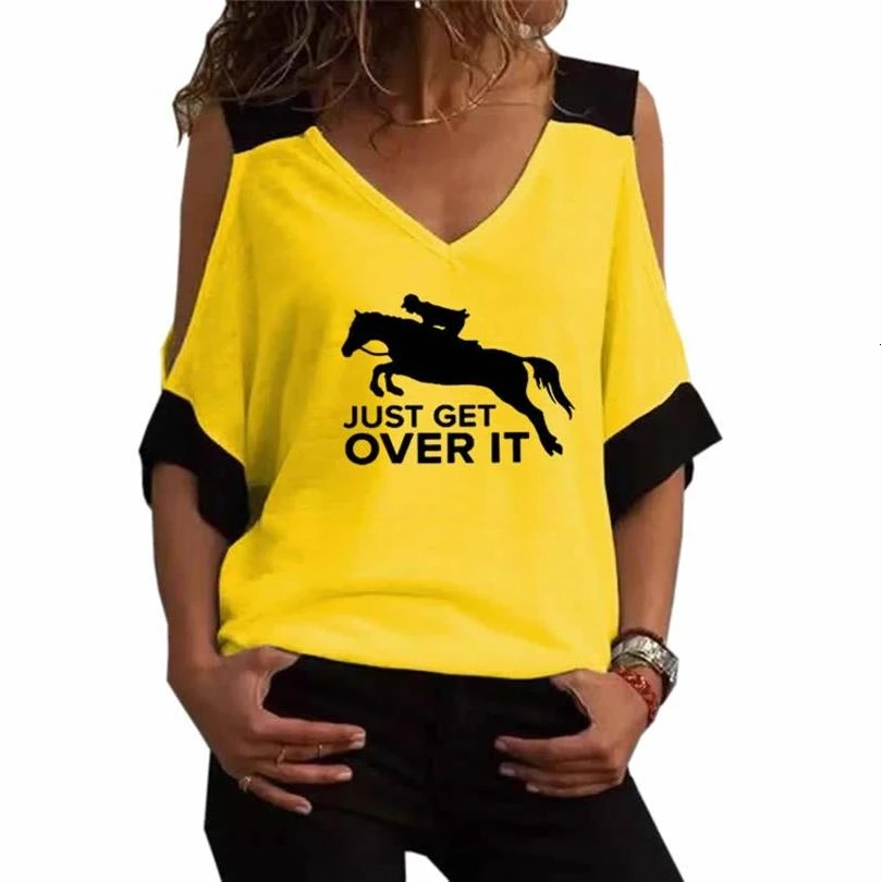 

New Arrival T-Shirt For Women Horse Just Get Over It Letters Print Contrast Strapless V-Neck Harajuku T-Shirt Women Tops Tshirt