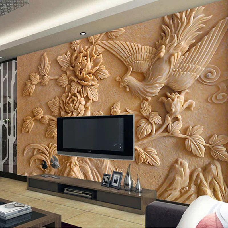 

Drop Shipping Custom Wall Mural Paper Chinese Style TV Background 3D Stereoscopic Relief Phoenix Peony Wall Murals Wallpaper