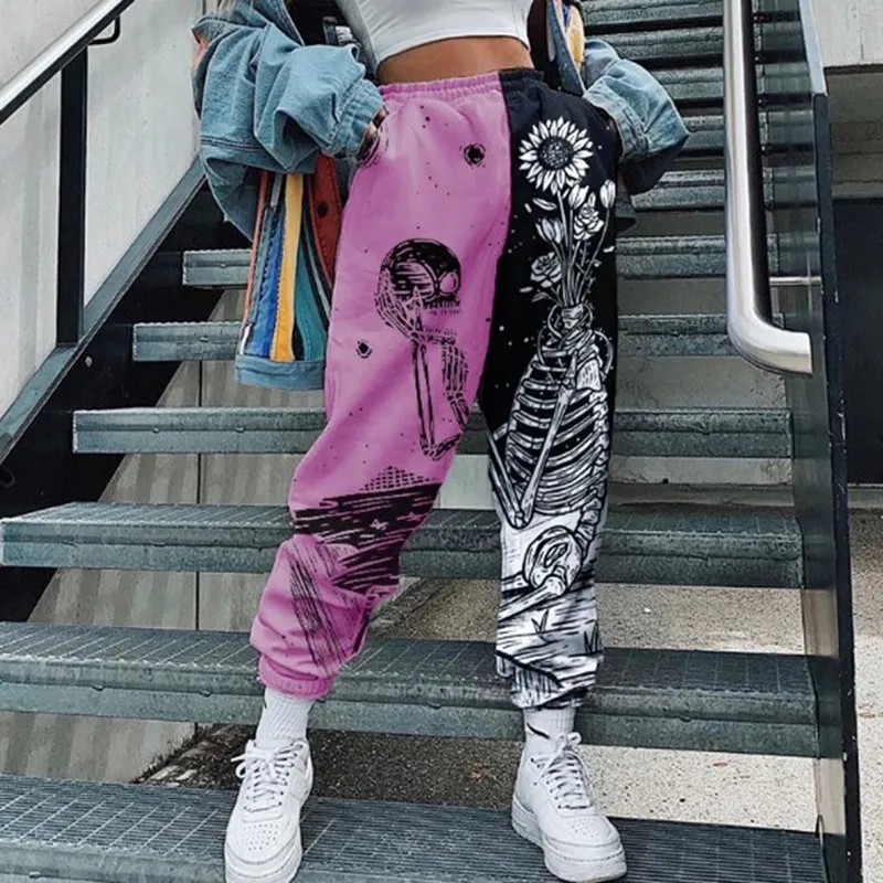 

Muyogrt Women Hip Hop Sweatpants Skull Print Patchwork Pants 2020 Autumn Elastic Waist Pocket Overalls Casual Streetwear Joggers