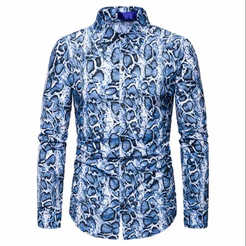 

Men's Nightclub Snake Print Digital Print Long Sleeve Shirt 2019 New Men's Slim Social Print Shirt High Quality Male Shirt