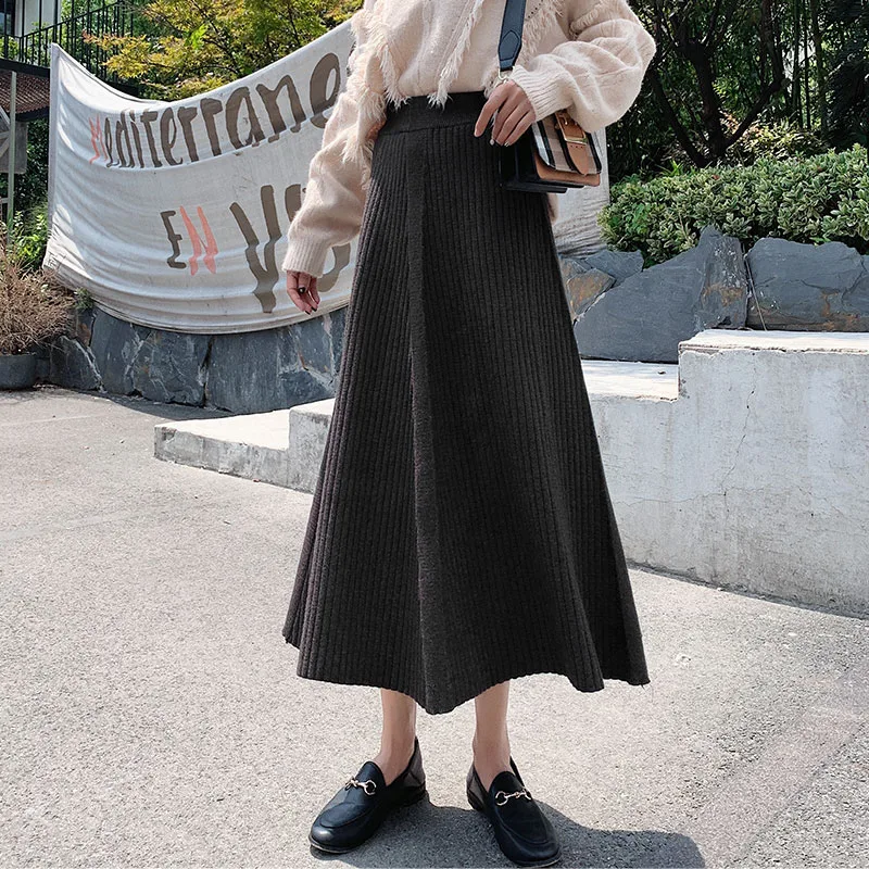 Women's Knit Skirt Autumn Winter New High Waist Solid Color A-line Pleated Knit Skirt Office Lady Wild Warm Long Skirt ML291