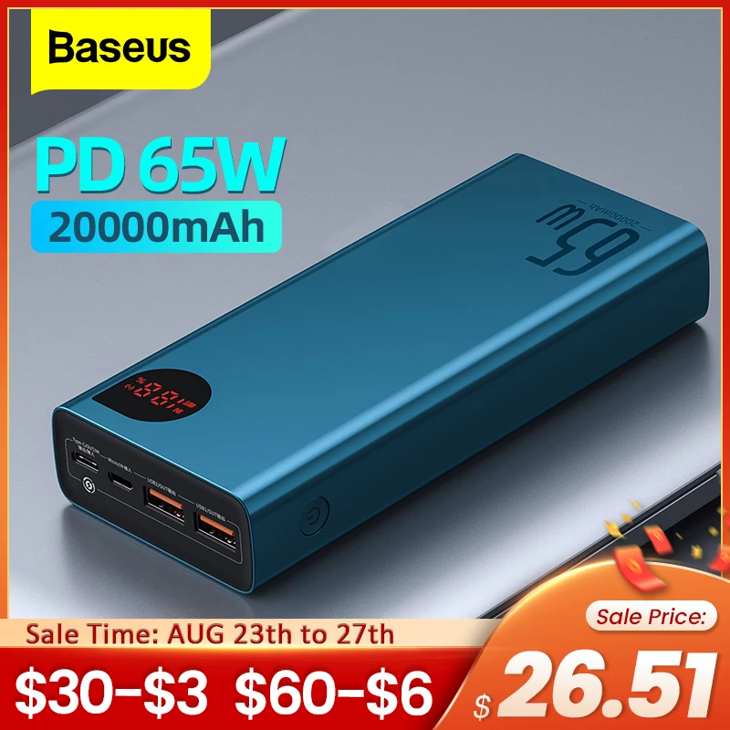 TRENDING! Baseus 65W Power Bank 20000mAh Portable Charging Powerbank Mobile Phone External Battery PD QC 3.0 Charger 22.5W Poverbank 20000