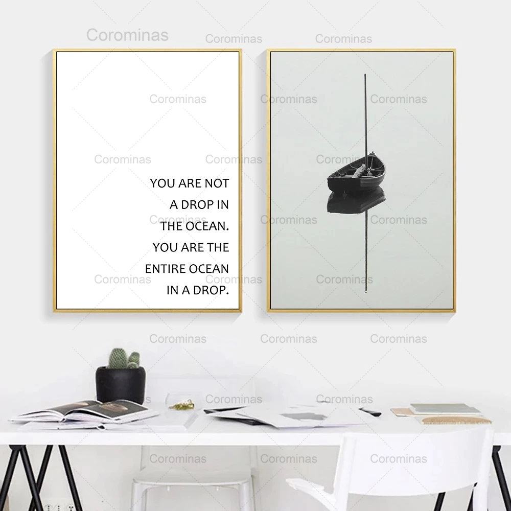 

Nordic Boat Canvas Painting Inspiring Ocean Quotes Posters and Prints Black and White Minimalist Wall Art for Living Room Decor