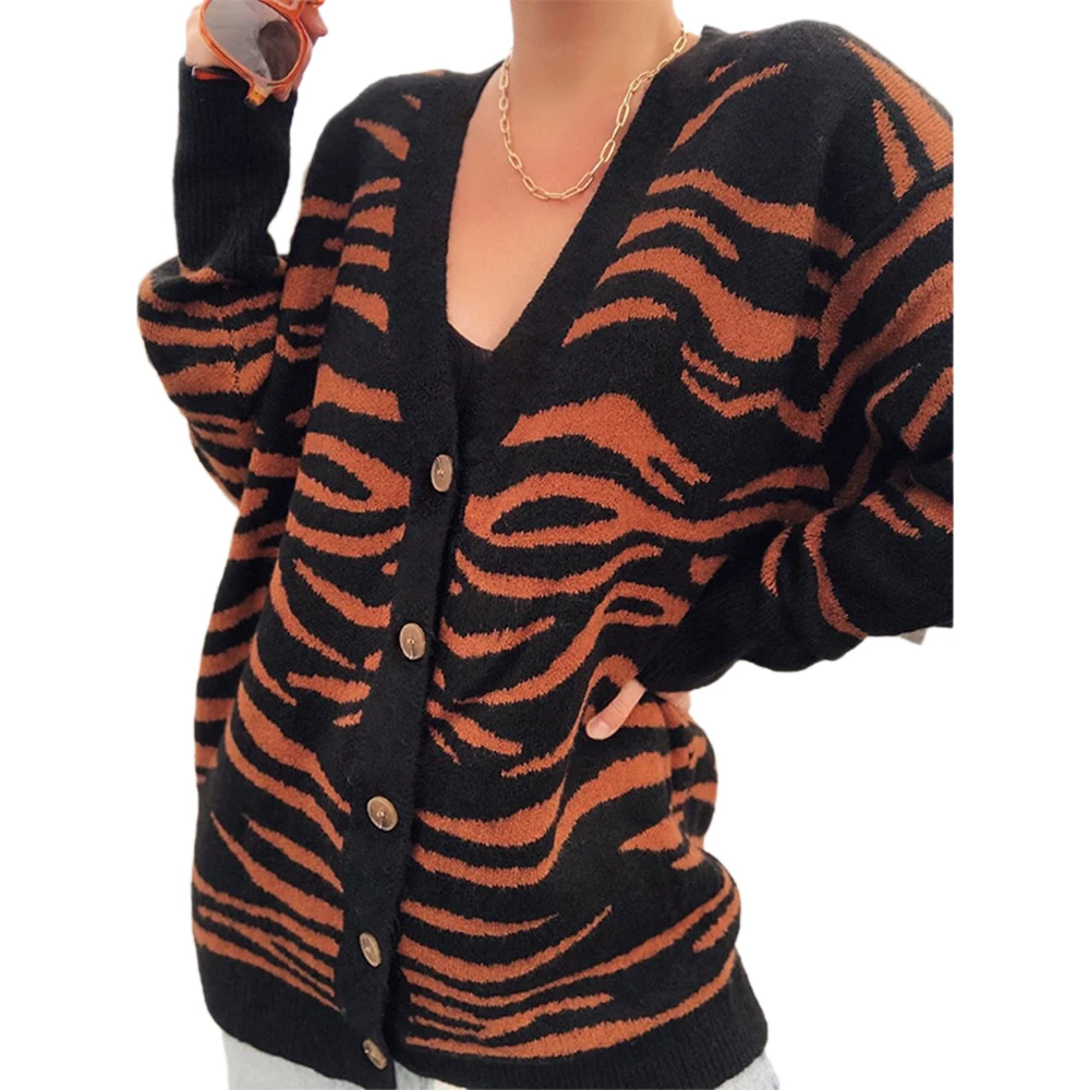 

Zebra Print Cardigan Fall Clothes for Women Button V neck Women Sweaters Plus Size Long Sleeve Sweater Cardigan Autumn Coat