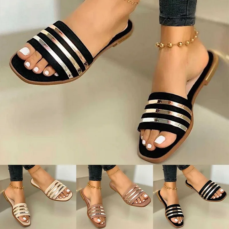 Zapatillas de playa de verano para mujer, chanclas planas doradas sin cordones, informales, de talla grande, 2020
