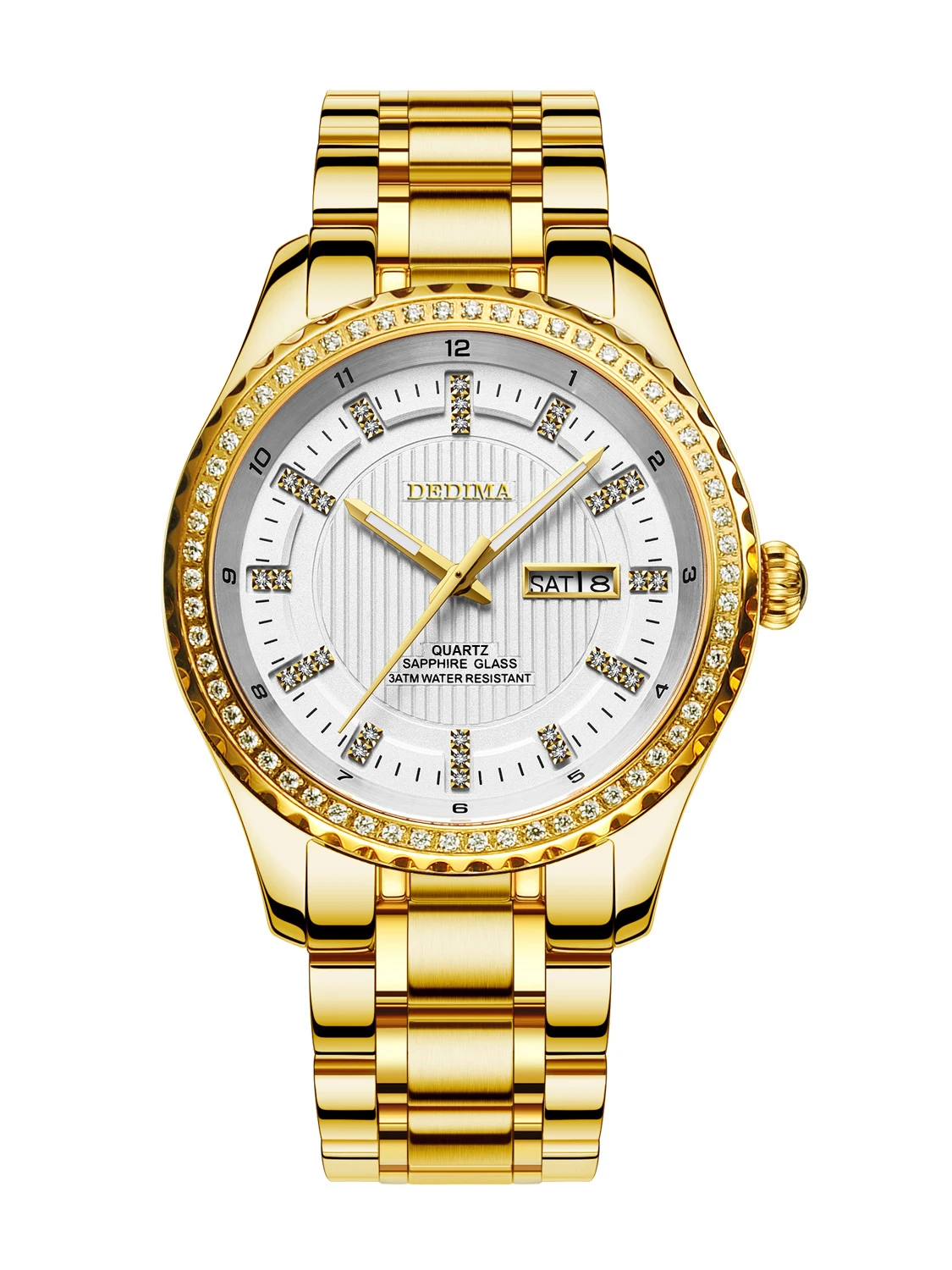 DEDIMA Gold Diamond double calendar waterproof night light steel strip men's watch business leisure Watch
