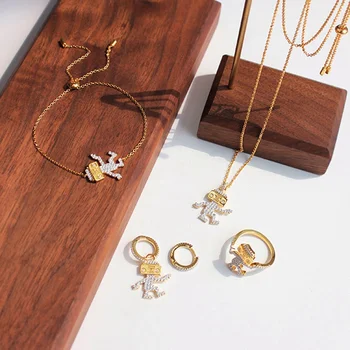 

18K Gold Ronot Charm Necklace + Chain Bracelet 2 in 1 Jewelry Set 925 Silver Paved Cubic Zirconia Stones Women Brand Jewelry