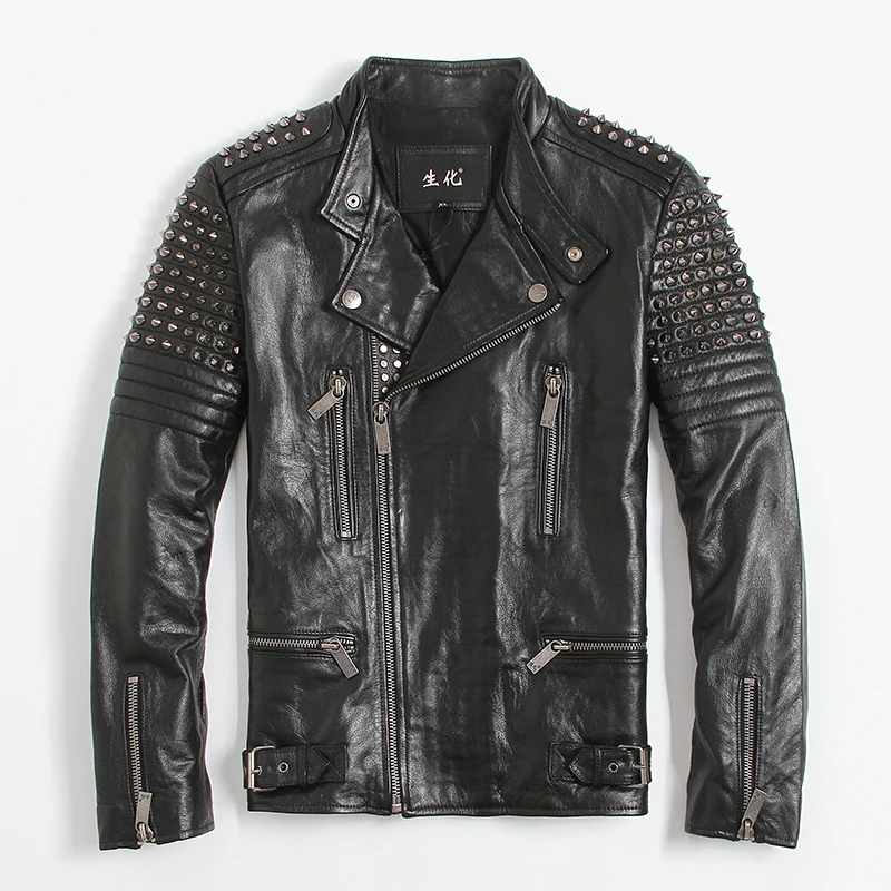 

100% Genuine Leather Jacket Men Rivet Motociclista Biker Real Cow Leather Coat Man Fashion Streetwear Fit Chaqueta 1665