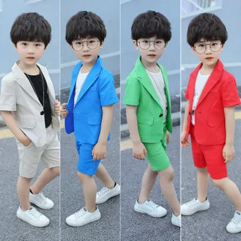 

New 3-10 years old children's suit suit summer linen solid color two-piece boy performance suit dress show host performance suit