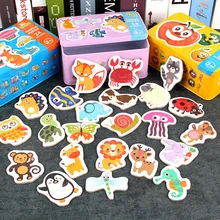 Puzzle 3D en bois pour enfants, boîte de fer, animaux de dessin animé, jouets éducatifs précoces Montessori, cadeaux pour enfants