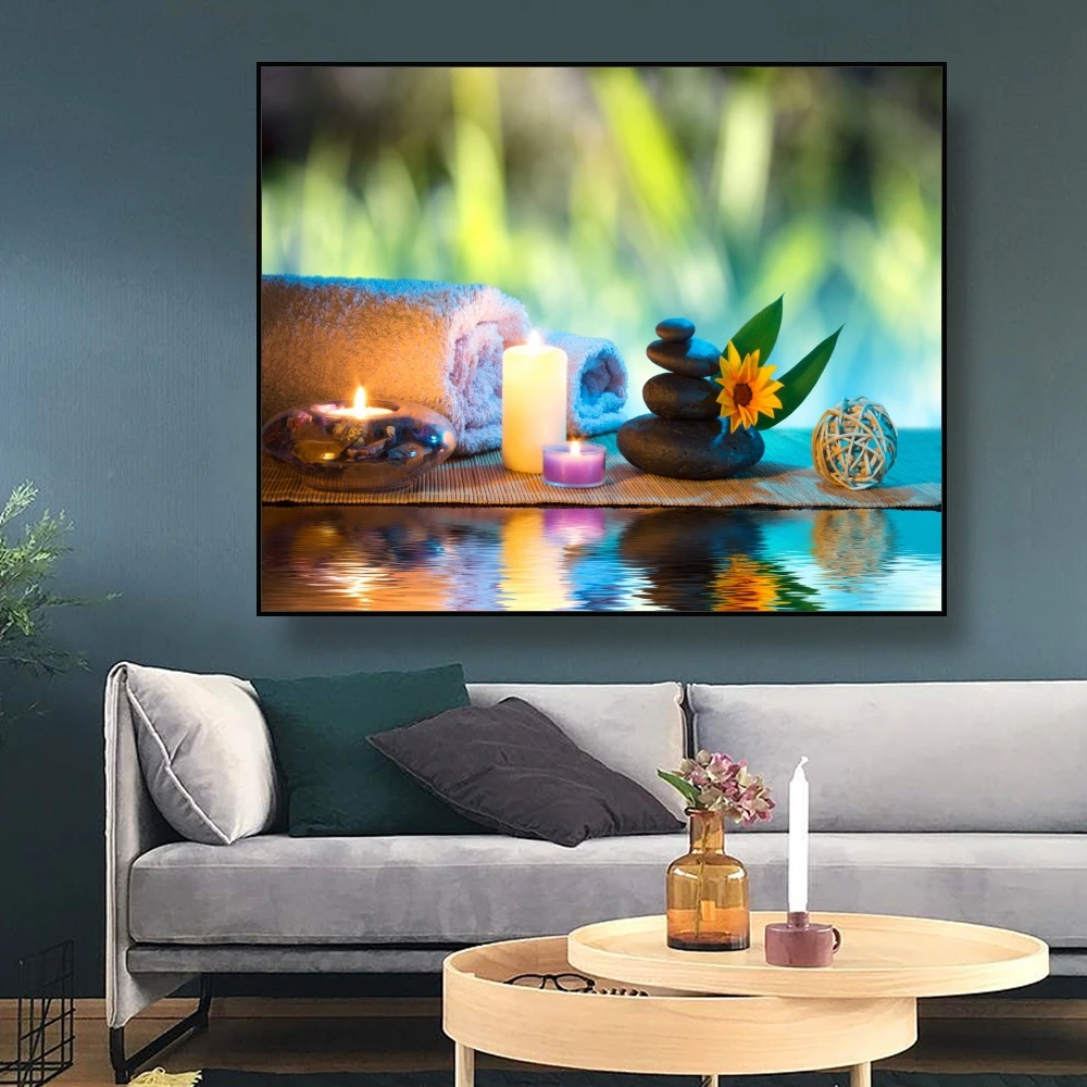 Canvas Painting Bath towels & Bath salt stacked stones candle Art Poster Picture Wall Decor Modern Home Decoration For Bathroom