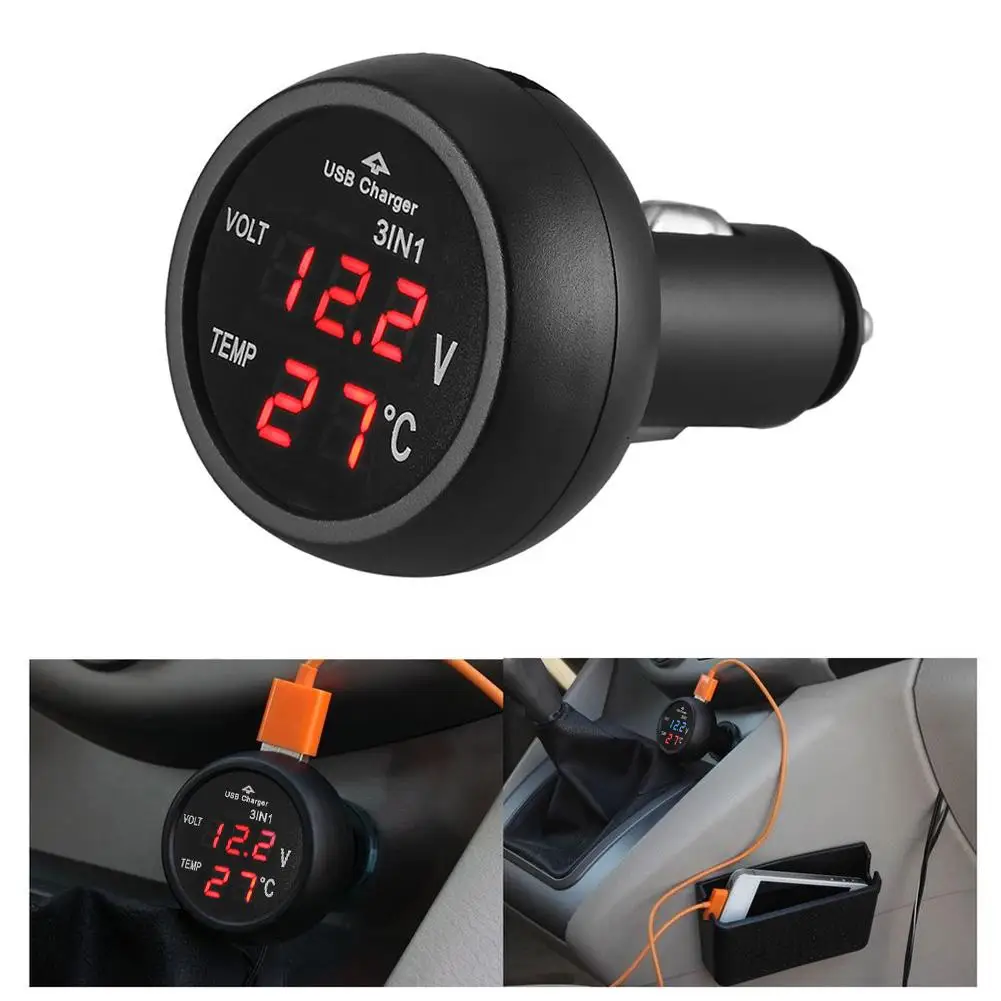 Waterproof Motorcycle 12V/24V Digital LED Voltmeter+Thermometer+Dual USB Charger 