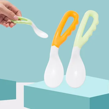 

2Pcs Baby Food Supplement Feeding Spoon Children's Products Curved Handle Easy to Grasp Children Tableware Baby Spoon
