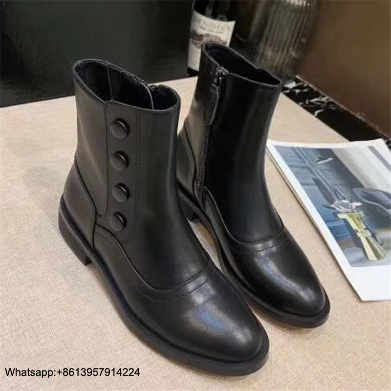 

Donna Scarpe Ankle Boot For Women Zipper Botines Mujer Round Toe Chaussures Femme Low Heel Ladies Boots Metal Decoration Button