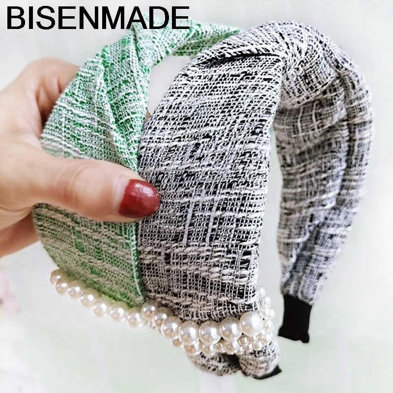 

BISENMADE New Autumn Winter Hairband Women Pearl Headband high-end Vintage Woolen Fabric Twisted Cross Headwear Hair Accessories