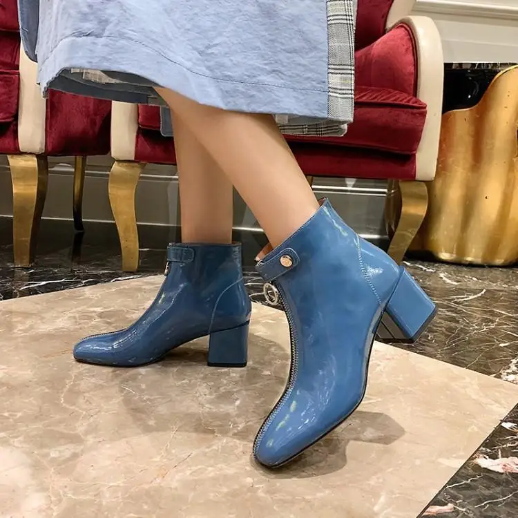 Botines Mujer cielo charol botines cremallera frontal Zapatos De Mujer Zapatos De punta cuadrada tacones gruesos para Mujer AliExpress Calzado
