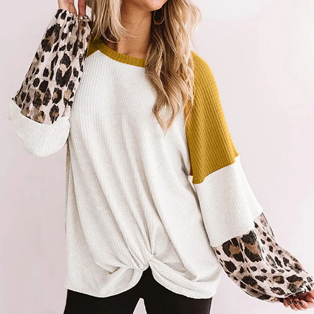 

MJARTORIA Patchwork Leopard Basic Womens T Shirt Tops Casual Long Sleeve Loose T-shirt Femme Korean Style High Street Tee Shirt