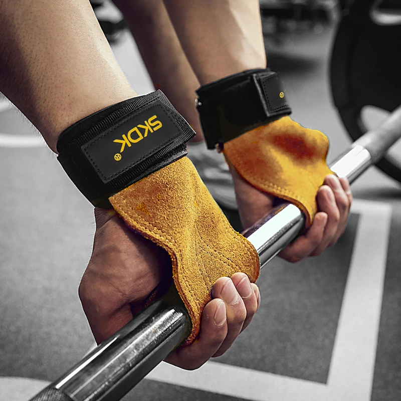 SKDK 1Pair Cowhide Gym Gloves Grips Anti Skid Weight Lifting Grip Pads