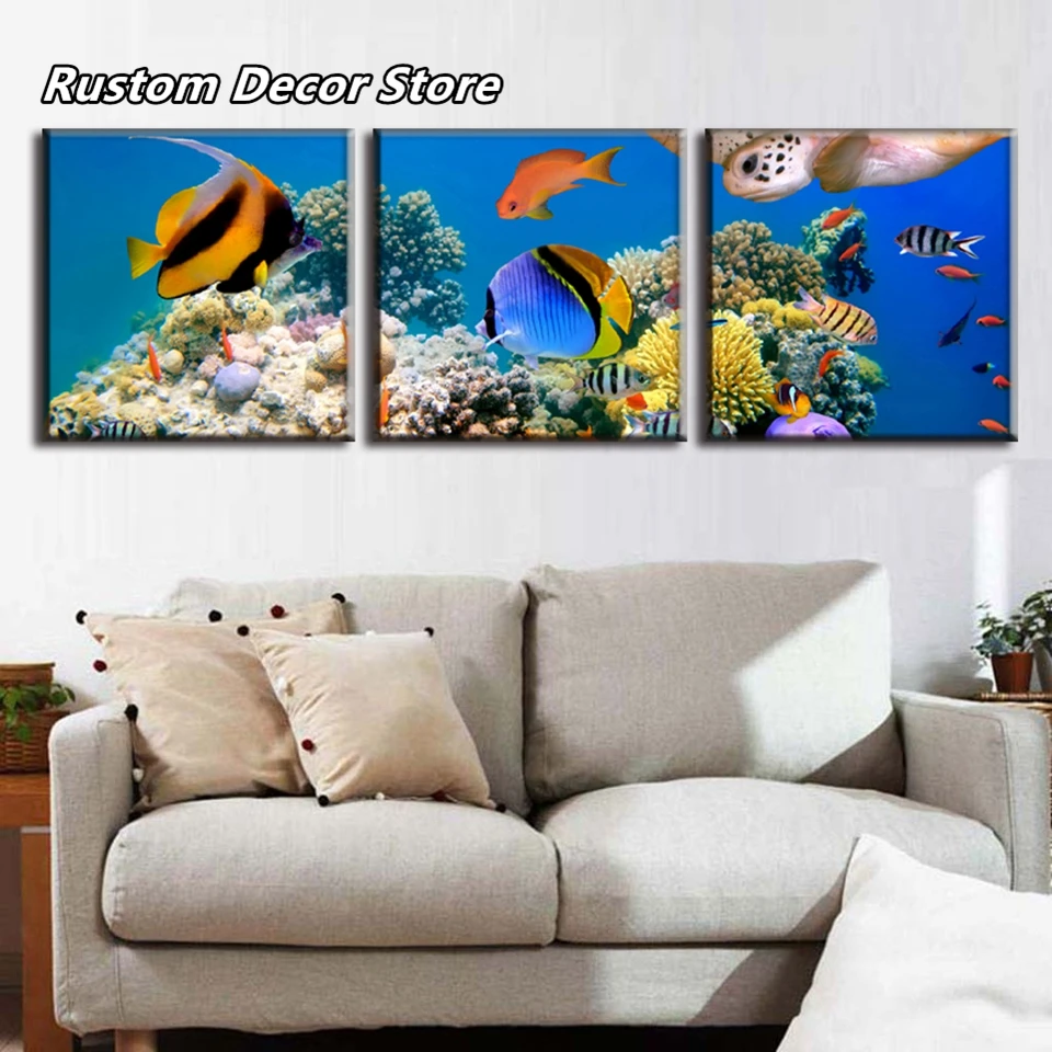 Modern Home Wall Art Decor Frame Modular Picture 3 Pieces Undersea World Animals Colorful Fishes Canvas Painting For Living Room | Дом и сад