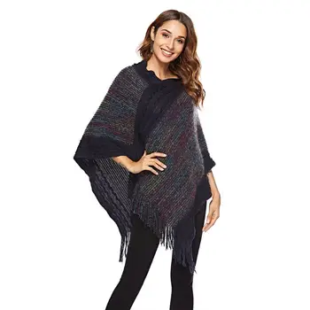 

Womens Autumn Batwing Sweater Rainbow Colorful Stripes Knitted Pullover Wrap Shawl Fringe Tassels Trim Poncho Cape Jumper Tops