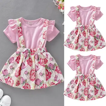 

Newborn Baby Girls 3M-24M Ruffle Tops Floral Strap Skirt Kids 3Pcs Dress Outfits Set