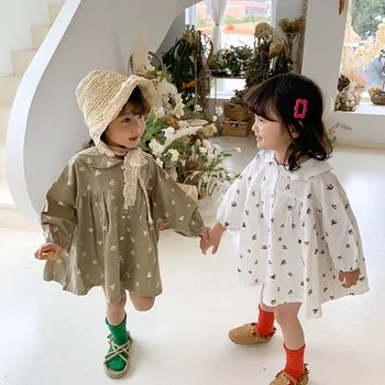 

New 2020 Spring Korean Style Baby Girls Floral Printed Dress Cute Loose Lantern Sleeve Toddlers Kids Dresses