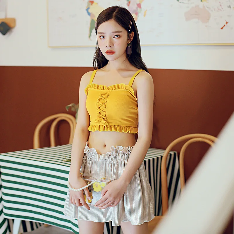 

Bathing Suit Women's Three-piece Set Skirt Split Type Youth Vitality Spa Resort Conservative High-waisted Boxer 2019 New Style S