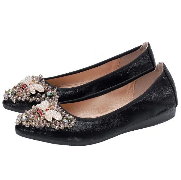 XGRAVITY размера плюс дизайнерская обувь с украшением в виде кристаллов; женская обувь на плоской подошве; элегантная и удобная женская обувь модные стразы Для женщин мягкая пчелы обувь A031-1 - Цвет: black small bee