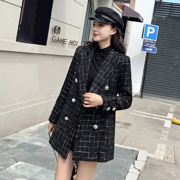 

Mozuleva 2020 Spring Women Turn Down Collar Tweed 2 Piece Set New Spring Fall Plaid Black Outerwear and Mini Woollen Skirt Set