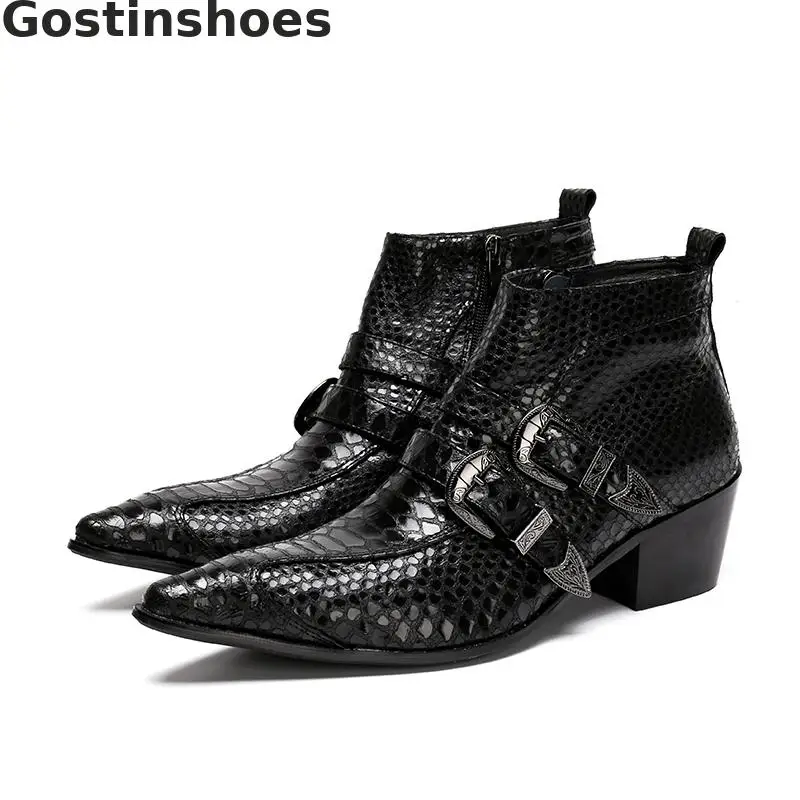 

Black Men Boots Genuine Leather Snake Skin Printed Fashion Work Martin Boots Motorcycle Riding Boots Double Buckle Strap Zipper