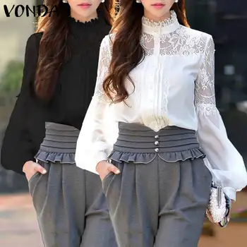 

VONDA Women Blouses 2020 Summer Casual Tops Solid Color Long Sleeve Lace Shirts Plus Size Bohemian Blusas Femme Tunics 5XL