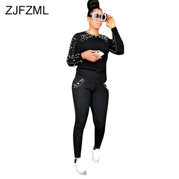 

Beaded Embellished Sexy Two Piece Set Winter Clothes Women O Neck Long Sleeve Tops and Long Pencil Pants Causal Plus Size Set