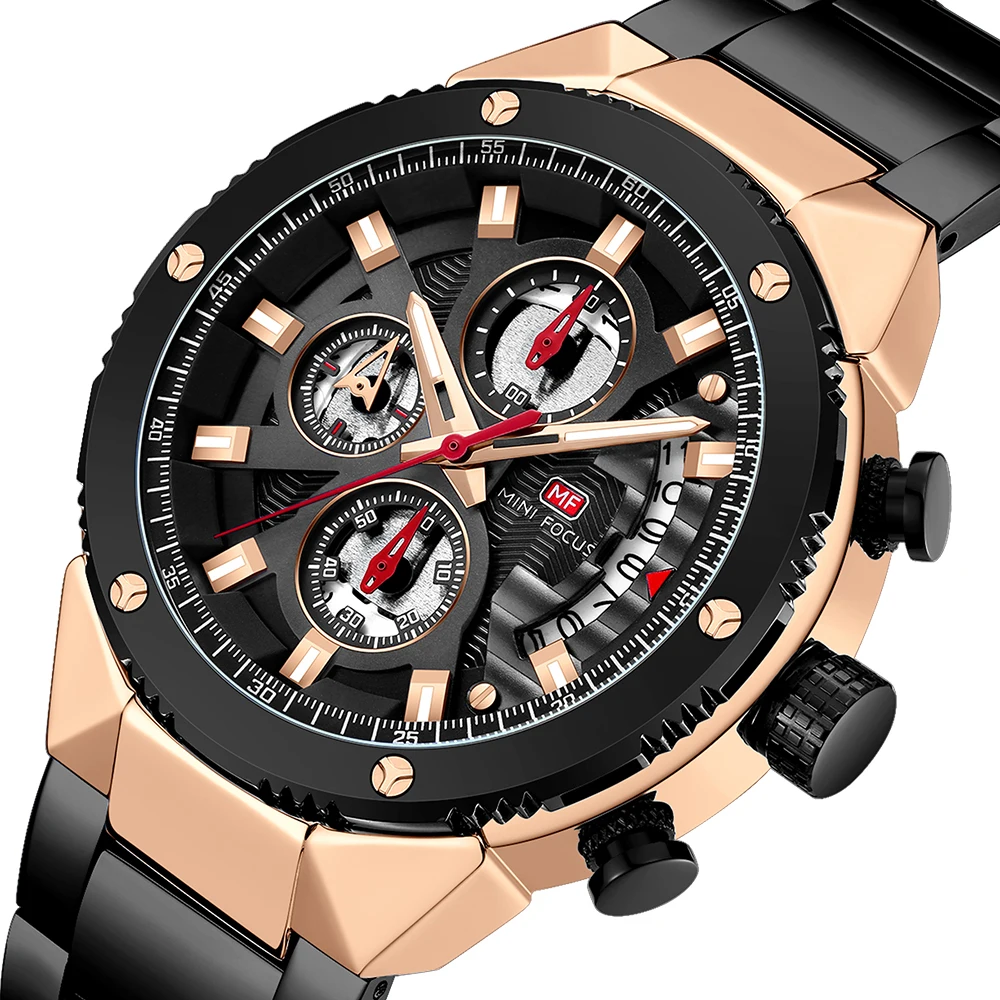 

Mens Watches MINI FOCUS Brand Fashion Quartz Sport Wristwatch Black Stainless Steel Luminous Hands Chronograph Relogio Masculino