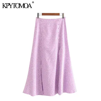 

KPYTOMOA Women 2020 Chic Fashion Print With Slits Midi Skirt Vintage Back Zipper Decorative Buttons Female Skirts Faldas Mujer